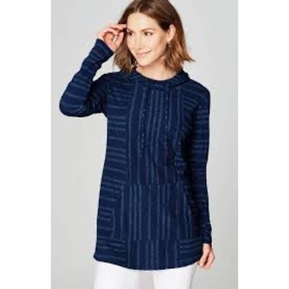 Pure Jill Indigo Hooded Tunic Women Large Blue Excellent Cotton Dot Stripe Hoody